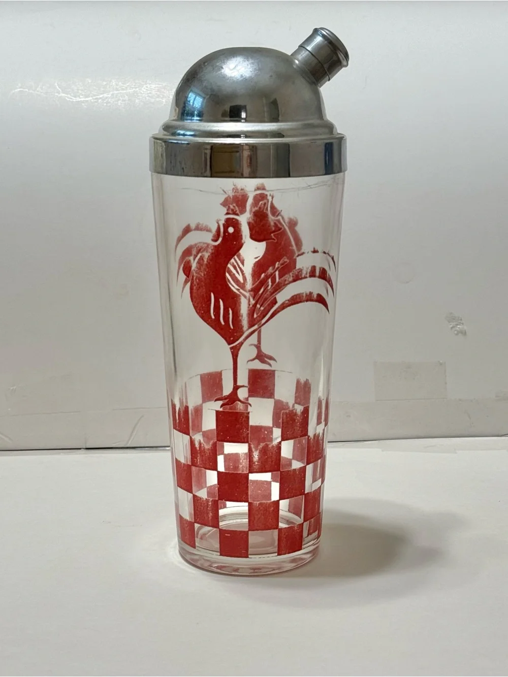 Vintage Drunken Rooster Cocktail Shaker - Red & White Checkered Rooster 10.5” T
